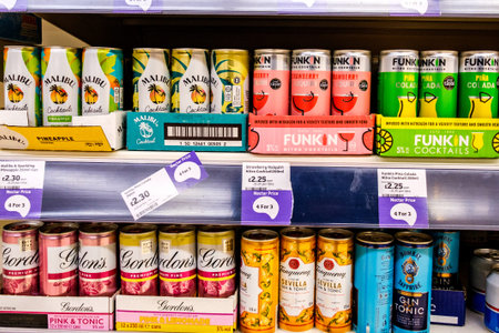 London UK, March 16 2026, Selection of Popular Alcoholic Canned Cocktail Drinks