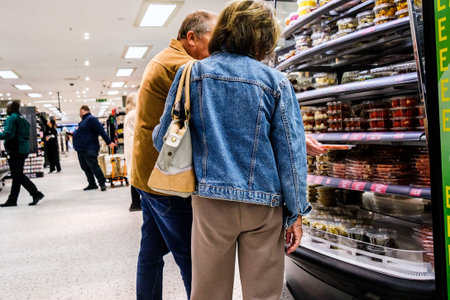 London UK March 24 2026, Anonymous Candid Man and Woman Couple Food Shopping Together in a...