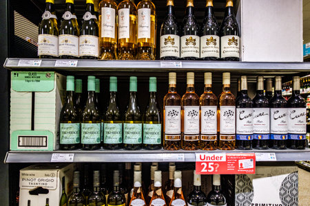 London UK, April 01 2026, Display of Bottles Of Popular Alcoholic Wine In a UK Supermarket