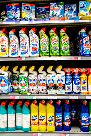 London UK, April 01 2026, Supermarket Display of Household Domestic Cleaning Bleach and Gelsのeditorial素材