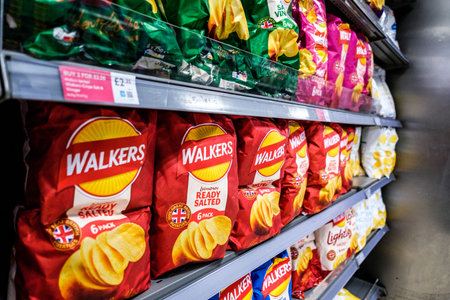 Epsom London UK, April 09 2026, Dispaly of Walkers Traditional Ready Salted Potato Crisps Savoury Snacks