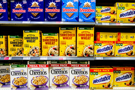 Epsom, London UK, April 10 2026, Selection of Nestle Breakfast Cereals Cheerios Shredded Wheat Shreddies and Weetabix
