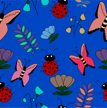pink butterflies background with flowers and plantsのイラスト素材