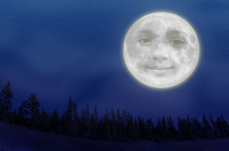 An illustration of a full moon with a smiley face over trees on a night sky covered with stars.の写真素材