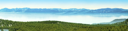 Lake Tahoe panoramic shot taken from the north side of the lake. Lake Tahoe is located on the border of California and Nevada.の写真素材