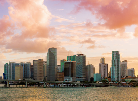 Downtown Miami, Florida, USA, seen from MacArthur Causeway at sunset.の写真素材