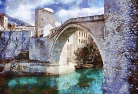 Digital Painting, oil on canvas, of Stari Most (Old Bridge), almost 500 years old monument in the city of Mostar in Bosnia and Herzegovina, and it's protected by Unesco. It crosses Neretva river.の写真素材