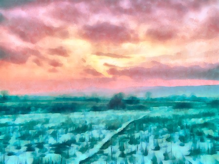 Digital watercolor painting of a winter sunset with warm tones in the sky contrasting cold tones of the snow on the ground.の写真素材