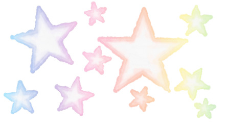 Digitally created illustrations of five pointed colorful stars with paper texture on a white textureless background. Watercolor technique.の写真素材