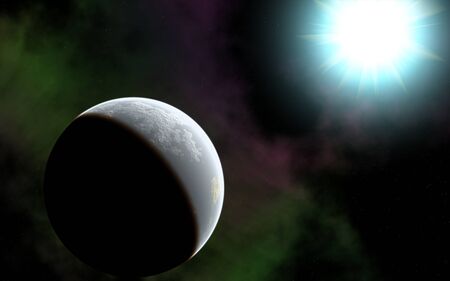 Computer generated illustration of an Earth like planet with its young blue star as Sun.の写真素材