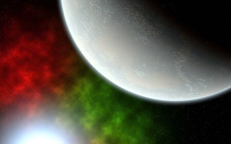 Computer generated illustration of an Earth like planet with its young blue star as Sun.