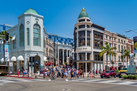 Beverly Hills, CA, USA - July 28, 2018 - People shopping and enjoying nice sunny weather at a famous...
