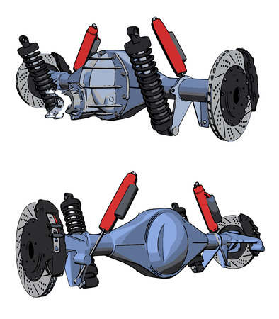 Rear axle assembly with suspension and brakes. Red dampers.のイラスト素材