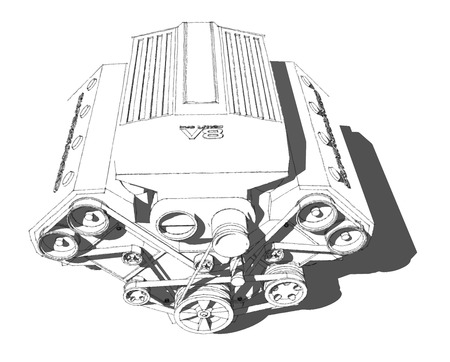 The internal combustion engine. Powerful eight-cylinder engine. Pencil drawing.のイラスト素材