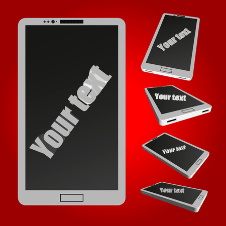 Set of white phones on a red background. Telephones in three dimensions at different angles.のイラスト素材