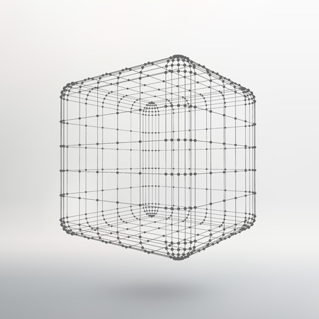 Cube of lines and dots. Cube of the lines connected to points. Molecular lattice. The structural grid of polygons. White background. The facility is located on a white studio backgroundのイラスト素材