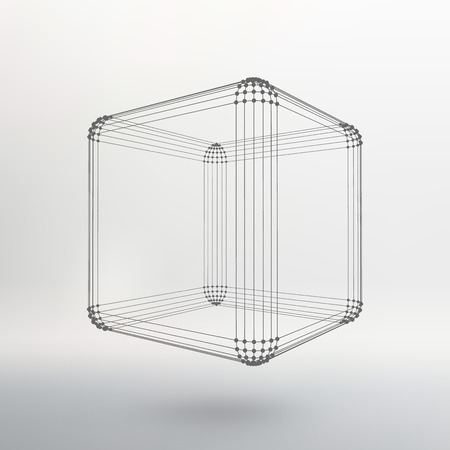 Cube of lines and dots. Cube of the lines connected to points. Molecular lattice. The structural grid of polygons. White background. The facility is located on a white studio backgroundのイラスト素材