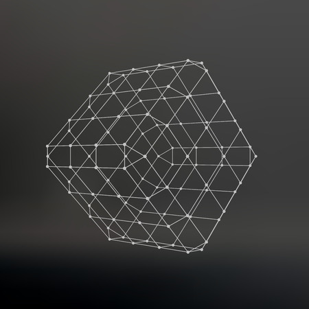 Cube of lines and dots. Cube of the lines connected to points. Molecular lattice. The structural grid of polygons. Black background. The facility is located on a black studio backgroundのイラスト素材
