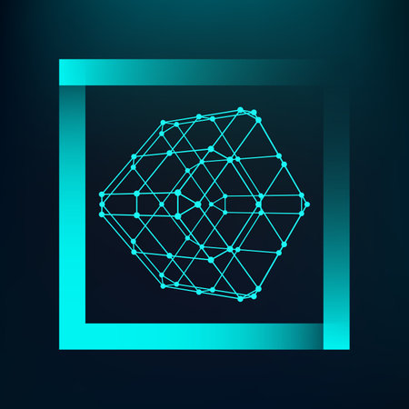 Cube of lines and dots. Cube of the lines connected to points. Molecular lattice. The structural...
