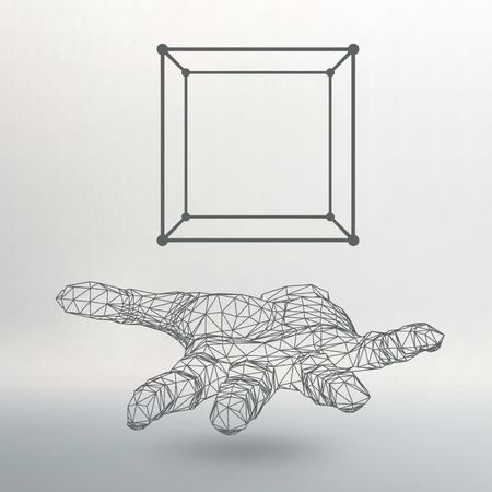 Cube of lines and dots on the arm. The hand holding a cube of the lines connected to points. The shadow of The objects in the backgroundのイラスト素材