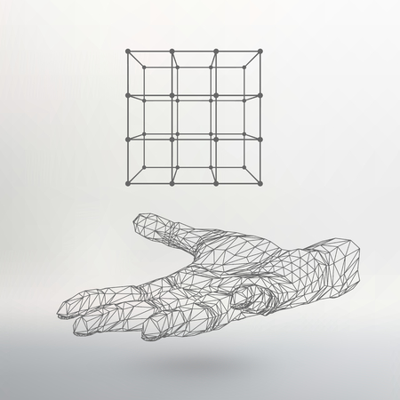 Cube of lines and dots on the arm. The hand holding a cube of the lines connected to points. The shadow of The objects in the backgroundのイラスト素材
