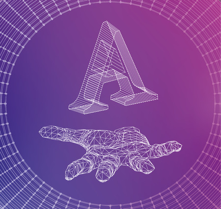 the letter A, of lines and dots on the arm. The hand holding letter of the lines connected to points. Molecular lattice. The structural grid of polygonsのイラスト素材