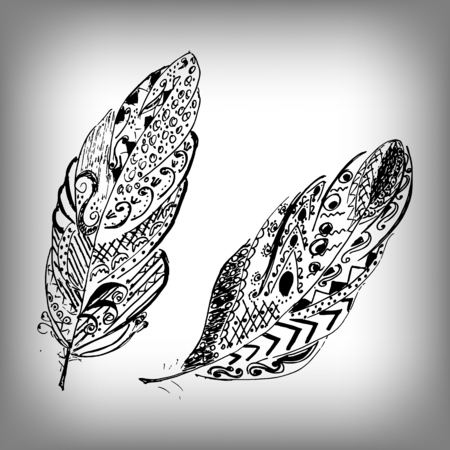 Hand drawn stylized feathers vector collection. Cute  feather for your design. Elements for greeting card and postcard, henna and tattoo designのイラスト素材