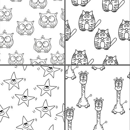 Set Funny Seamless pattern with cat, giraffe, owls. Baby vector pattern. Cartoon vector seamless wallpaper.のイラスト素材