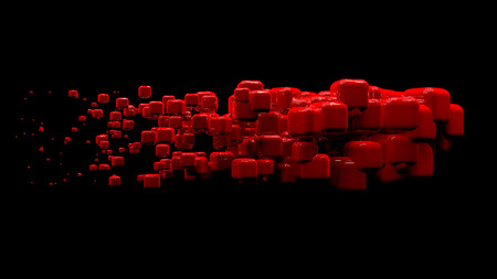 Shiny cubes in random order hanging in the air on a black background. Abstract illustration with...