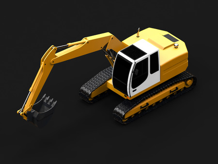Yellow excavator on a dark gray backgroundの写真素材