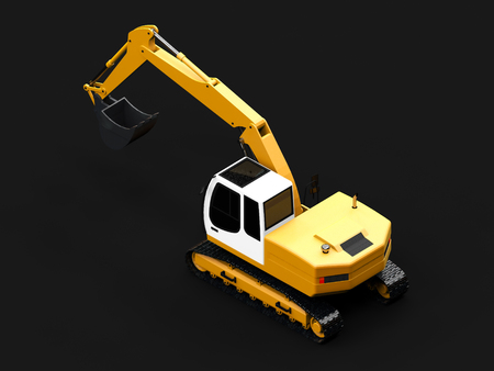 Yellow excavator on a dark gray backgroundの写真素材