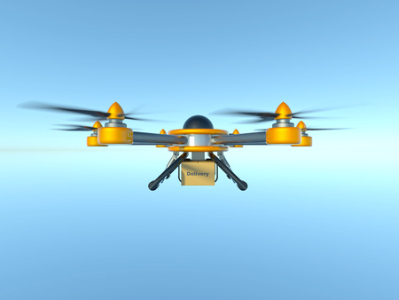 Yellow and gray hexacopter. Shipping to home. Flying courier. 3d illustrationの写真素材