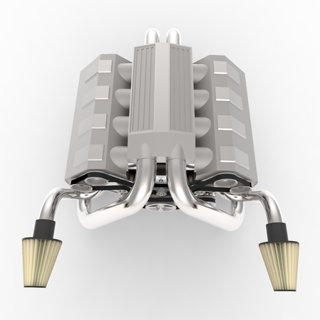Brilliant large automotive V8 engine with a turbocharger. 3d rendering