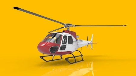 Red-white civilian helicopter on a yellow uniform background. 3d illustrationの写真素材