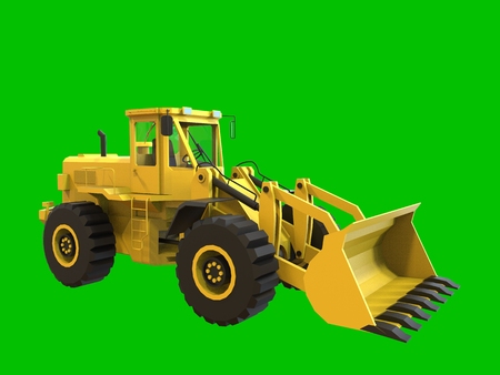Excavator on a green uniform background. Backhoe loader. 3d illustration