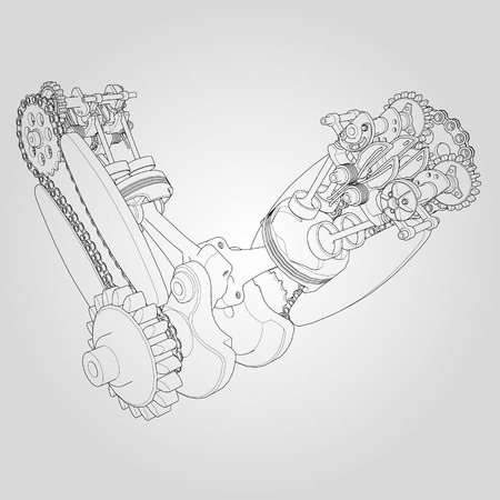 Engine components in disassembled state. Vector illustration of linesのイラスト素材