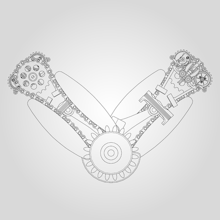 Engine components in disassembled state. Vector illustration of linesのイラスト素材