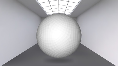 Hanging abstract polygonal object. The white room with the subject in the middle. Exhibition space for objects of modern art. Sci-Fi objects. Structural volumetric gridのイラスト素材