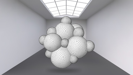 Hanging abstract polygonal object. The white room with the subject in the middle. Exhibition space for objects of modern art. Sci-Fi objects. Structural volumetric gridのイラスト素材