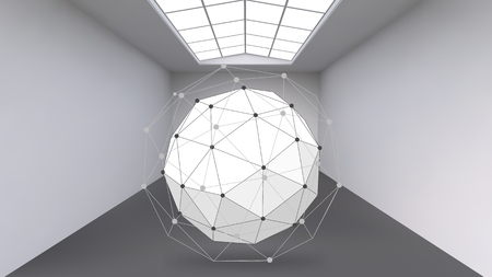 Hanging abstract polygonal object. The white room with the subject in the middle. Exhibition space for objects of modern art. Sci-Fi objects. Structural volumetric gridのイラスト素材