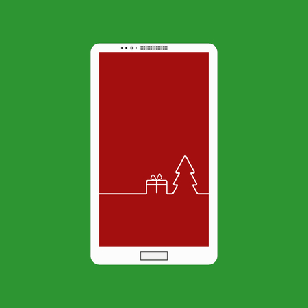 Flat illustration of modern smartphone touchscreen with a picture of the Christmas Design interface. Merry Christmas background with Christmas tree and giftのイラスト素材