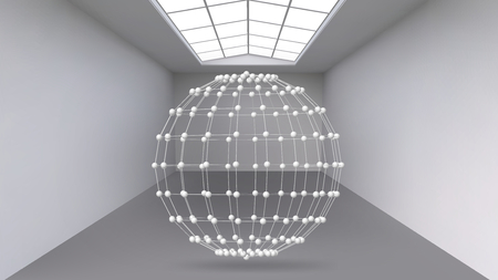 Hanging abstract polygonal object. The white room with the subject in the middle. Exhibition space for objects of modern art. Sci-Fi objects. Structural volumetric gridのイラスト素材