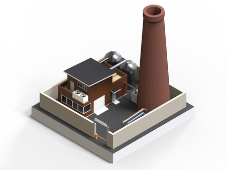 Illustrations in isometric view. Isometric icon representing factory building with a pipe, cisternae, fence with a barrier. 3d renderingの写真素材