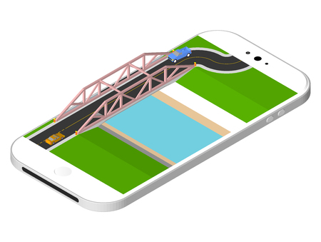Isometric bridge with a road over the river standing on the smartphone screen. illustration isolated on white backgroundのイラスト素材
