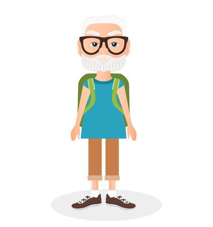 Grandfather with a packsack travel. Travelling with the green knapsack. Flat cartoon styleのイラスト素材