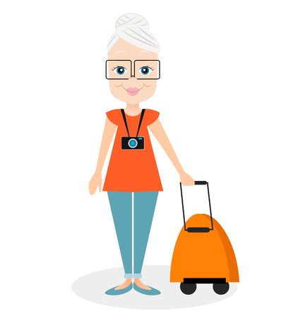 Grandmother with a packsack travel. Travelling with the knapsack. Flat cartoon styleのイラスト素材