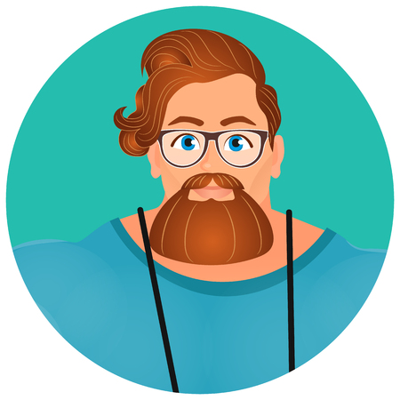 Faces Avatar in circle. Portrait Brutal Young Bearded Hipster male in eyeglasses. Vector illustration eps 10. Flat cartoon style.のイラスト素材