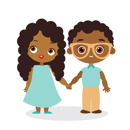 African American girl and young african american boy with glasses. Vector illustration eps 10 isolated on white background. Flat cartoon style.のイラスト素材