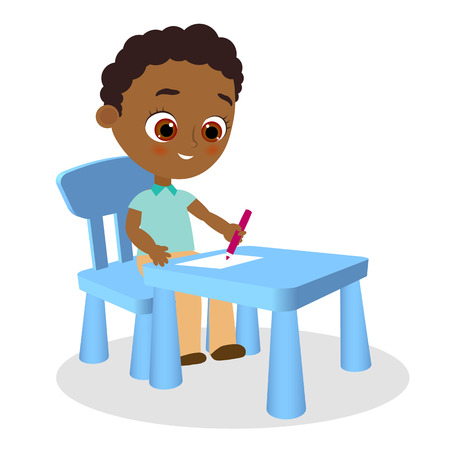 Young african american boy paints sitting at a school desk . Vector illustration eps 10. Flat cartoon style.のイラスト素材
