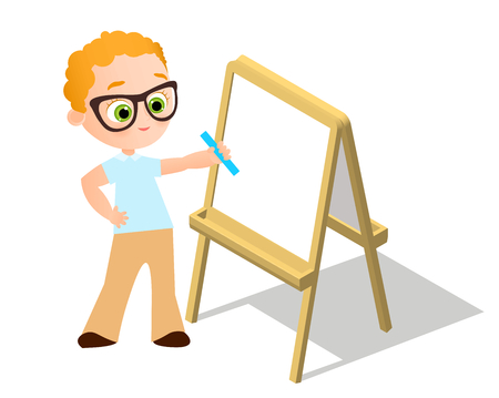 Isometric easel. Young boy with glasses Drawing Whiteboard. Paint desk and white paper isolated on white background. Vector illustrationのイラスト素材